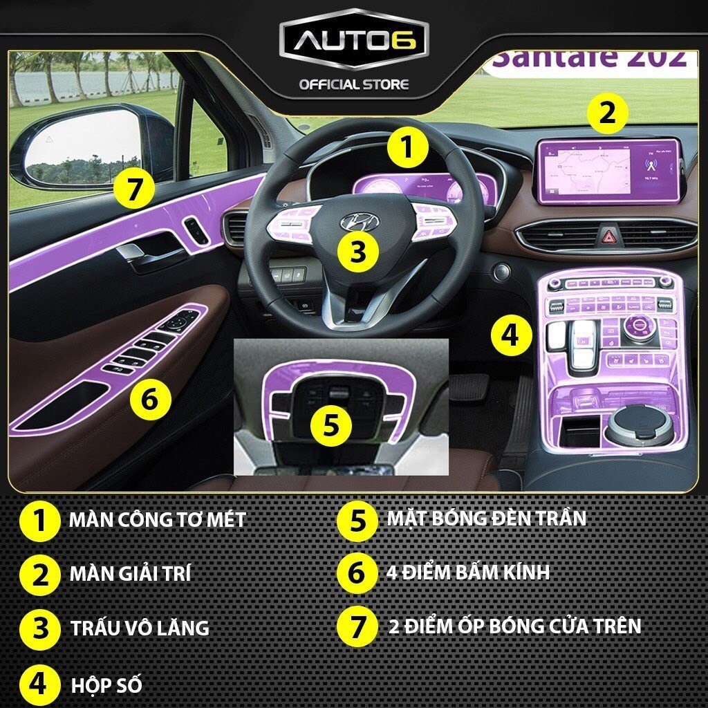 HYUNDAI SANTAFE 2021-2024 (form cũ): Film dán PPF trong suốt, chống xước che mờ vết xước nội thất ô tô - AUTO6 - Ảnh 2